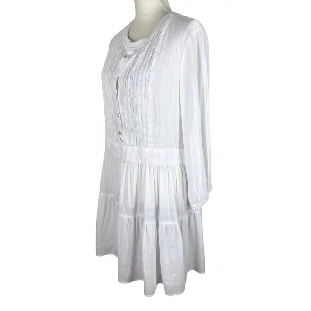 Finley 100% Linen White Mini Dress Long Sleeve Pleated V-Neck Button Size Large - Picture 5 of 8